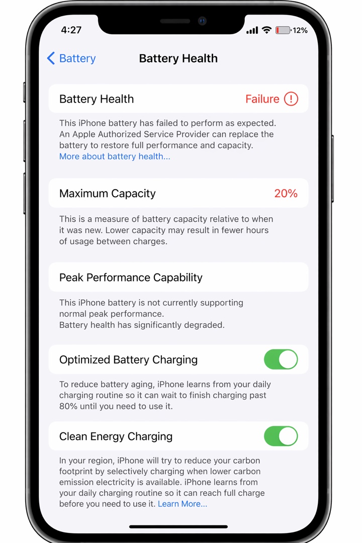 Phone battery health showing 20 percent maximum capacity