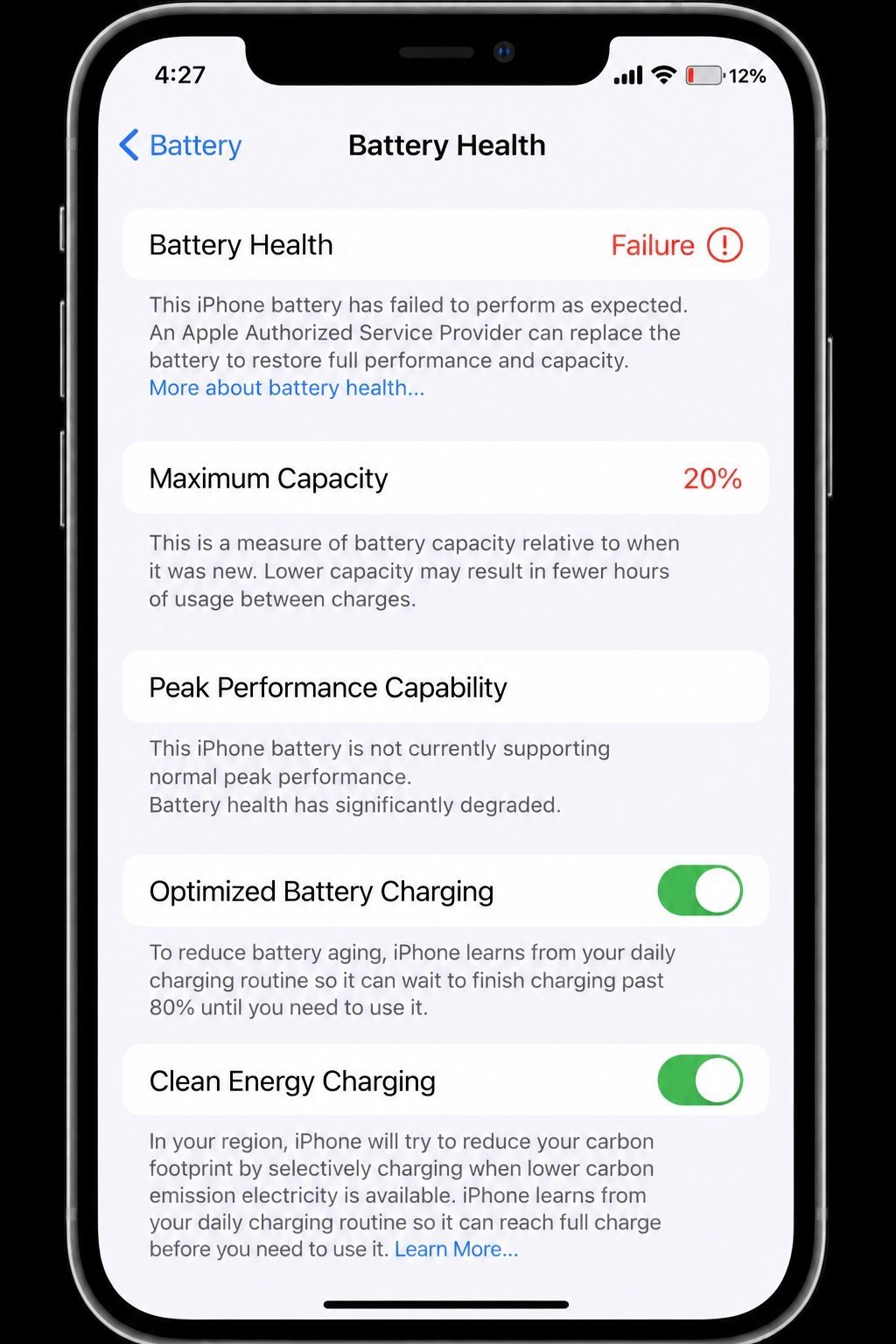 Phone battery-health screen showing a reduced maximum capacity of 20 percent