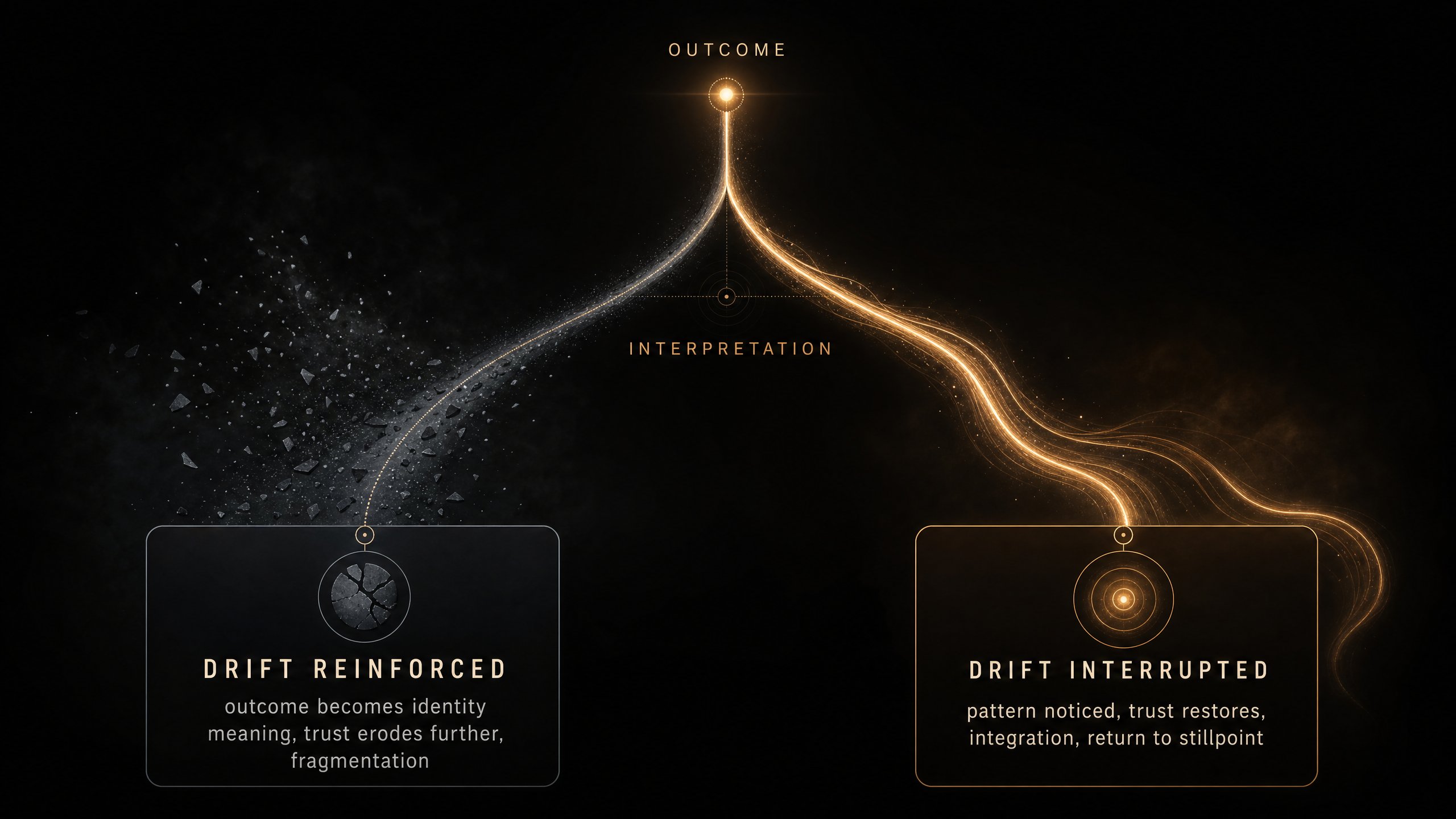 Y-shaped flowchart showing Outcome splitting at Interpretation into two paths: Drift Reinforced (gray, fragmenting) and Drift Interrupted (warm gold, return to stillpoint)