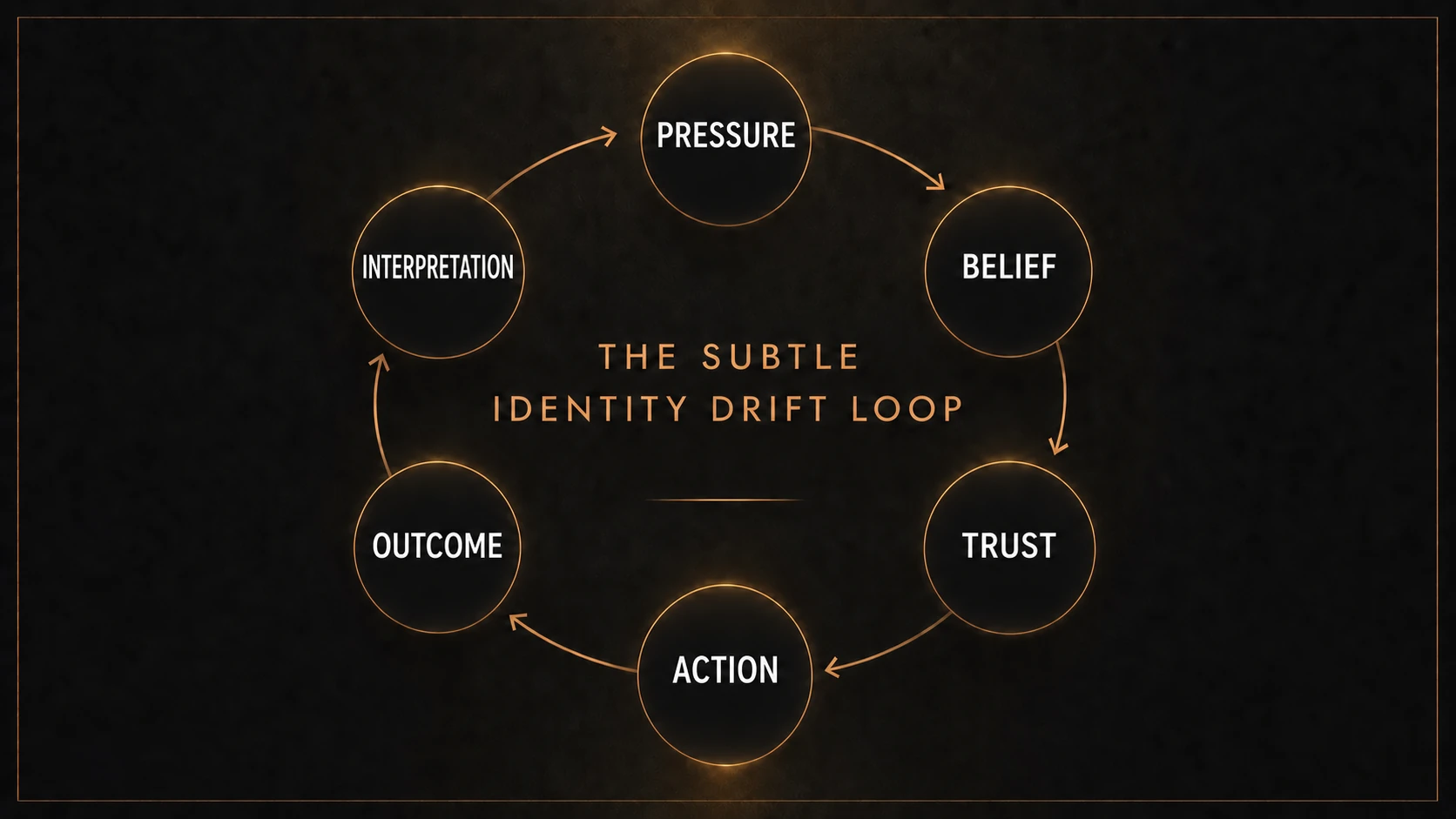 The Subtle Identity Drift loop: Pressure → Belief → Trust → Action → Outcome → Interpretation → Pressure.
