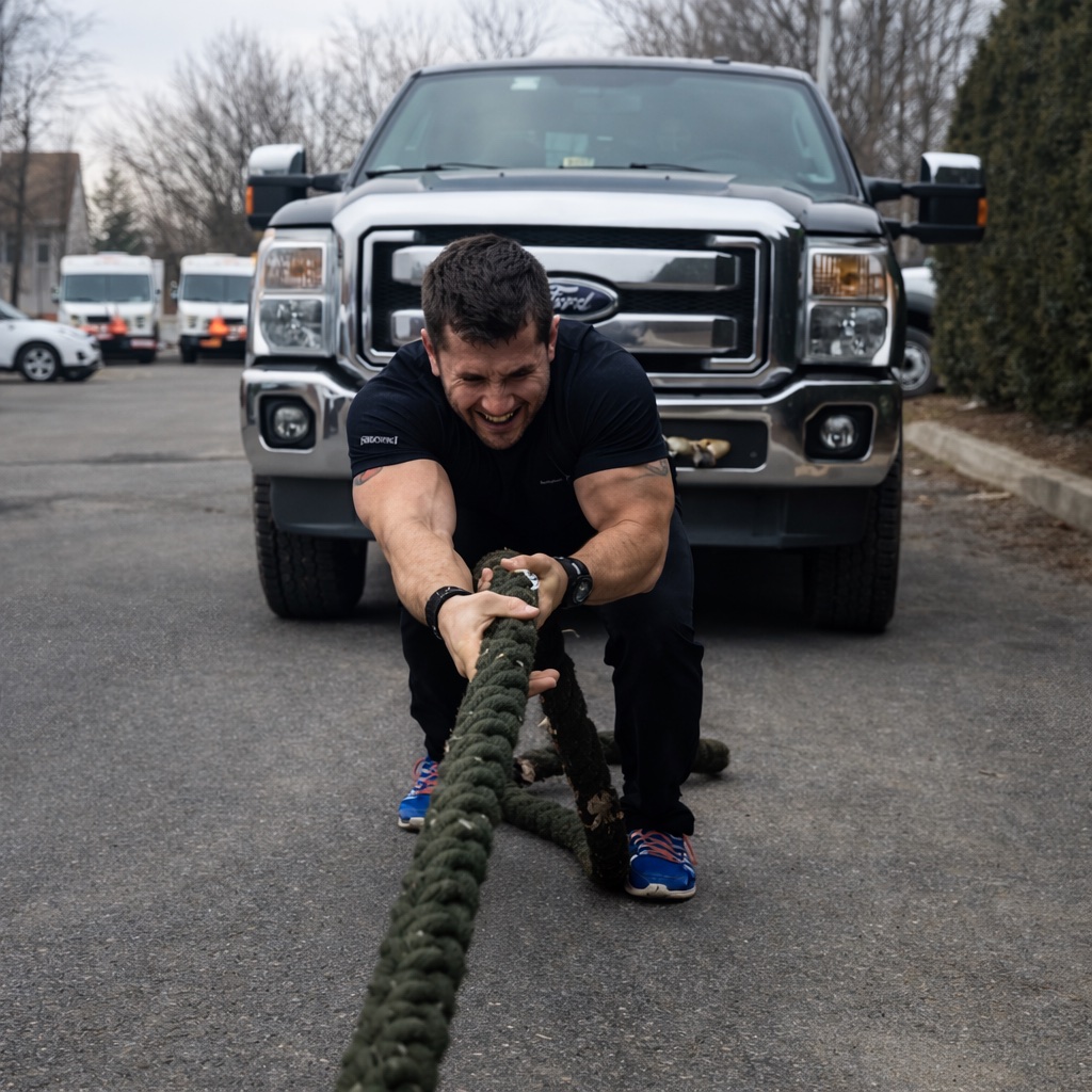 Eric Pellini pulling a truck with a heavy rope