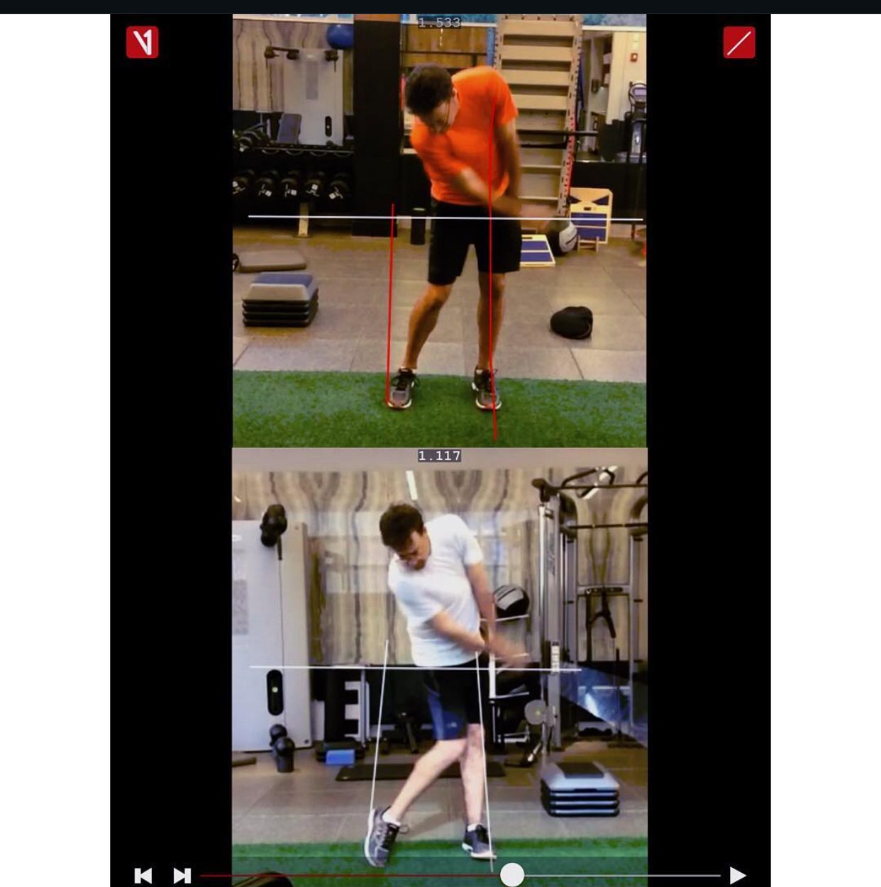 Two movement-analysis stills of Alan LeFevre with alignment lines during rotational movement