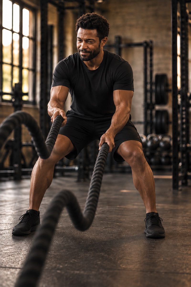 The athlete exploring a steadier rhythm with relaxed shoulders and battle ropes