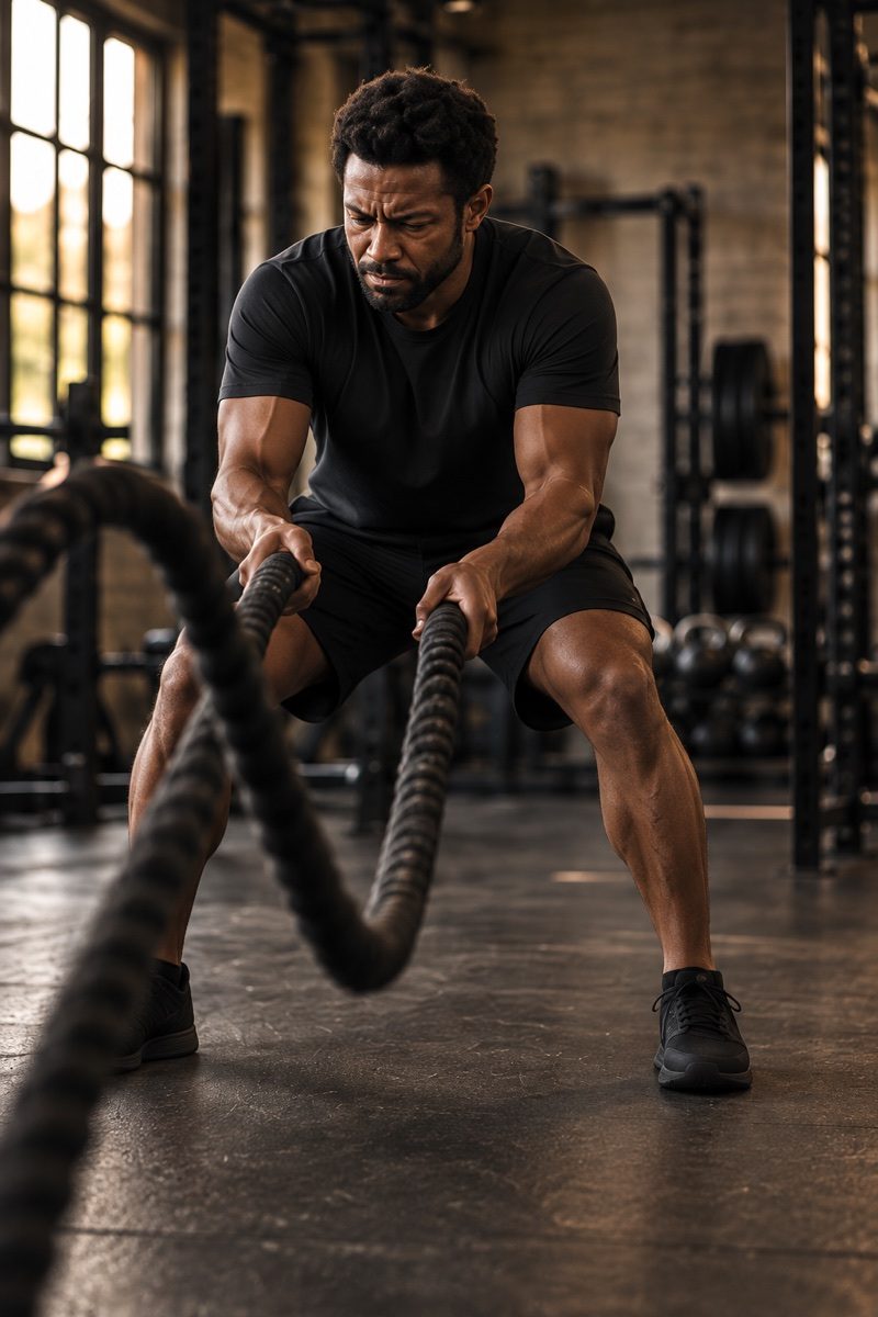 An athlete concentrating tensely while practicing with battle ropes