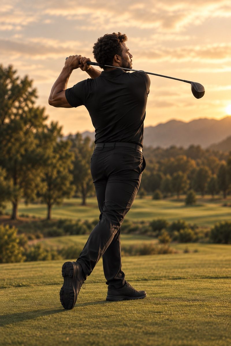 The golfer finishing in balance and watching his shot downrange