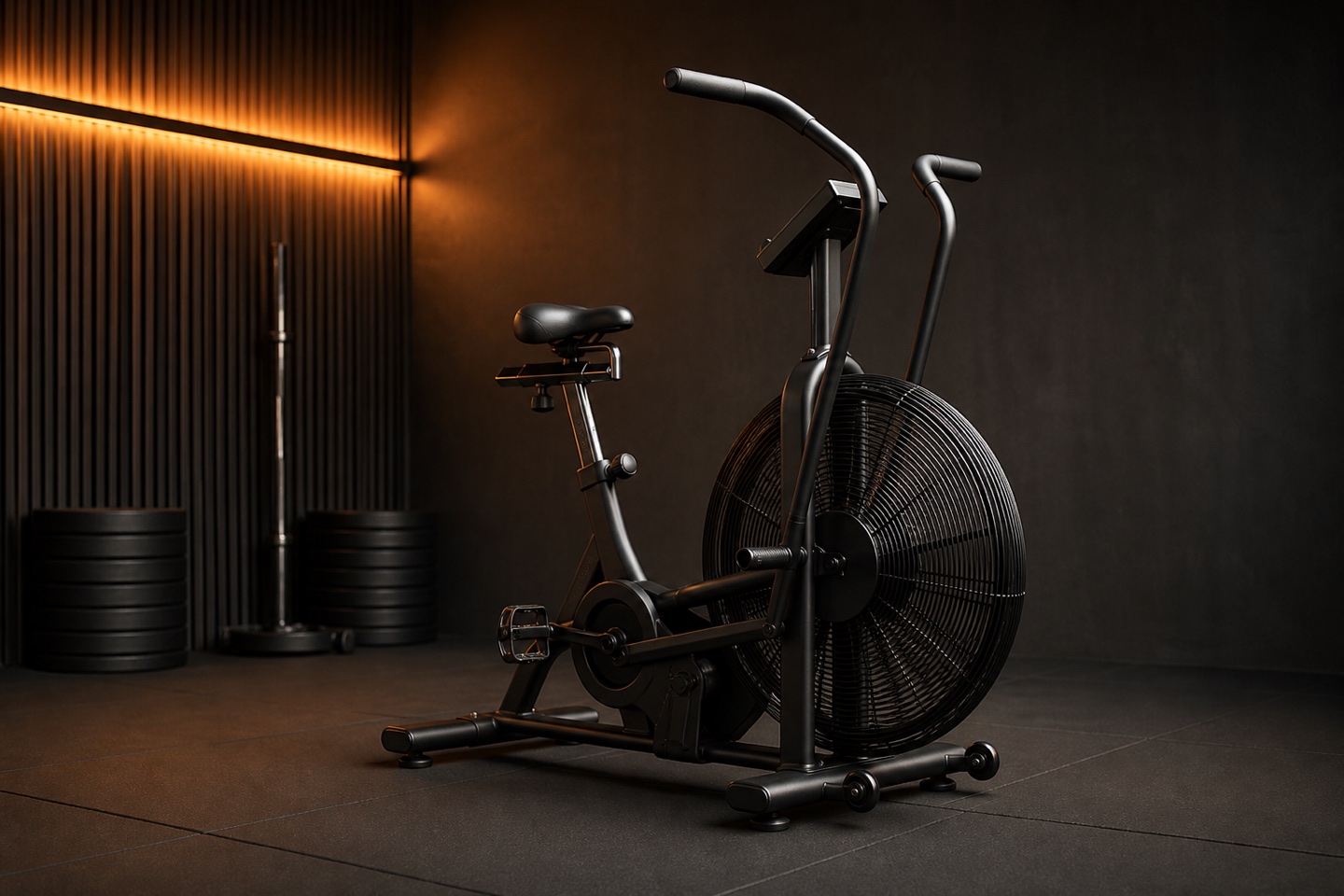 Stationary fan bike in a performance training studio