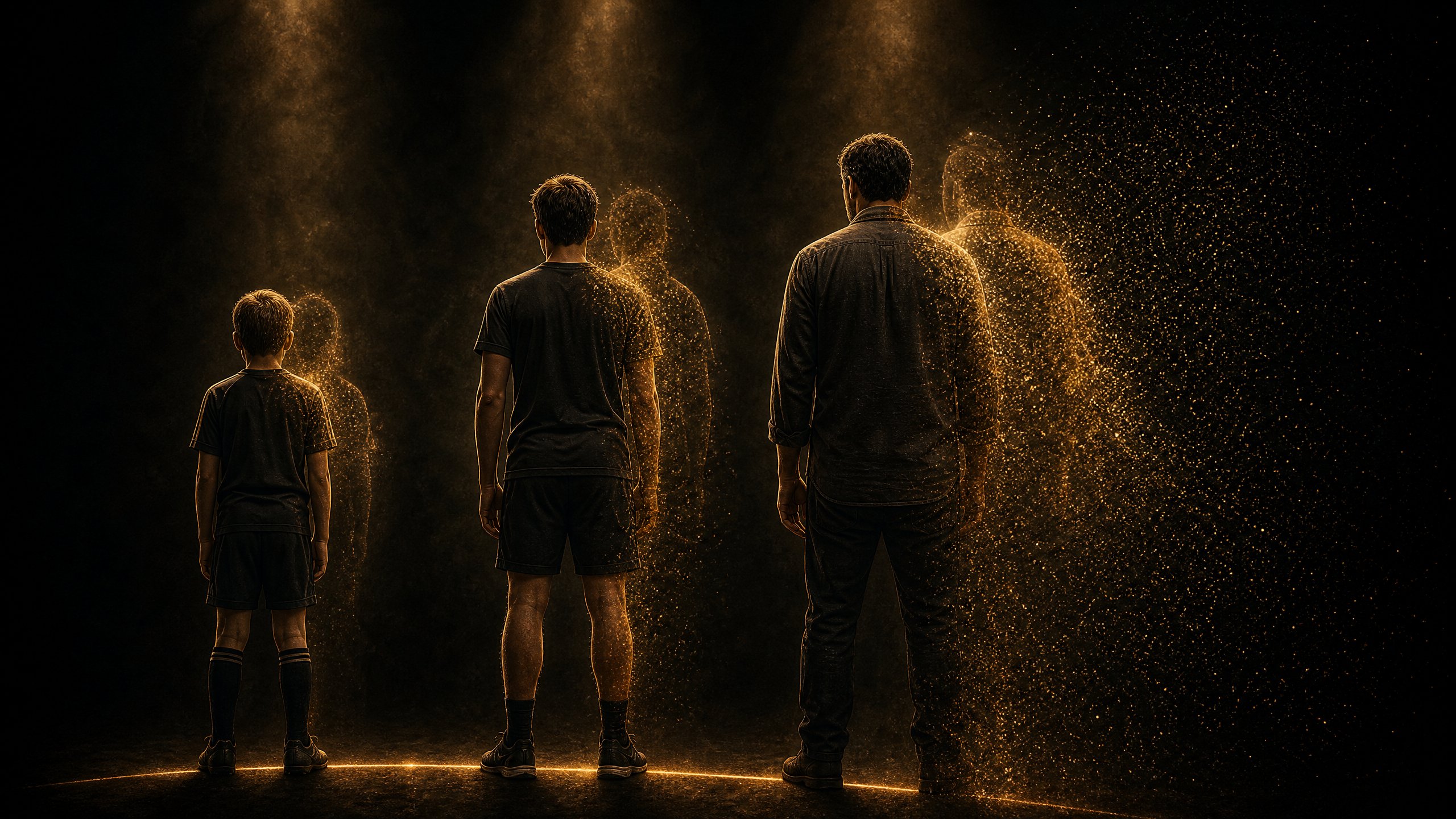 Three figures — child athlete, teenager, and adult — each with a ghost version drifting away in golden particles, showing how identity drift compounds across a lifetime