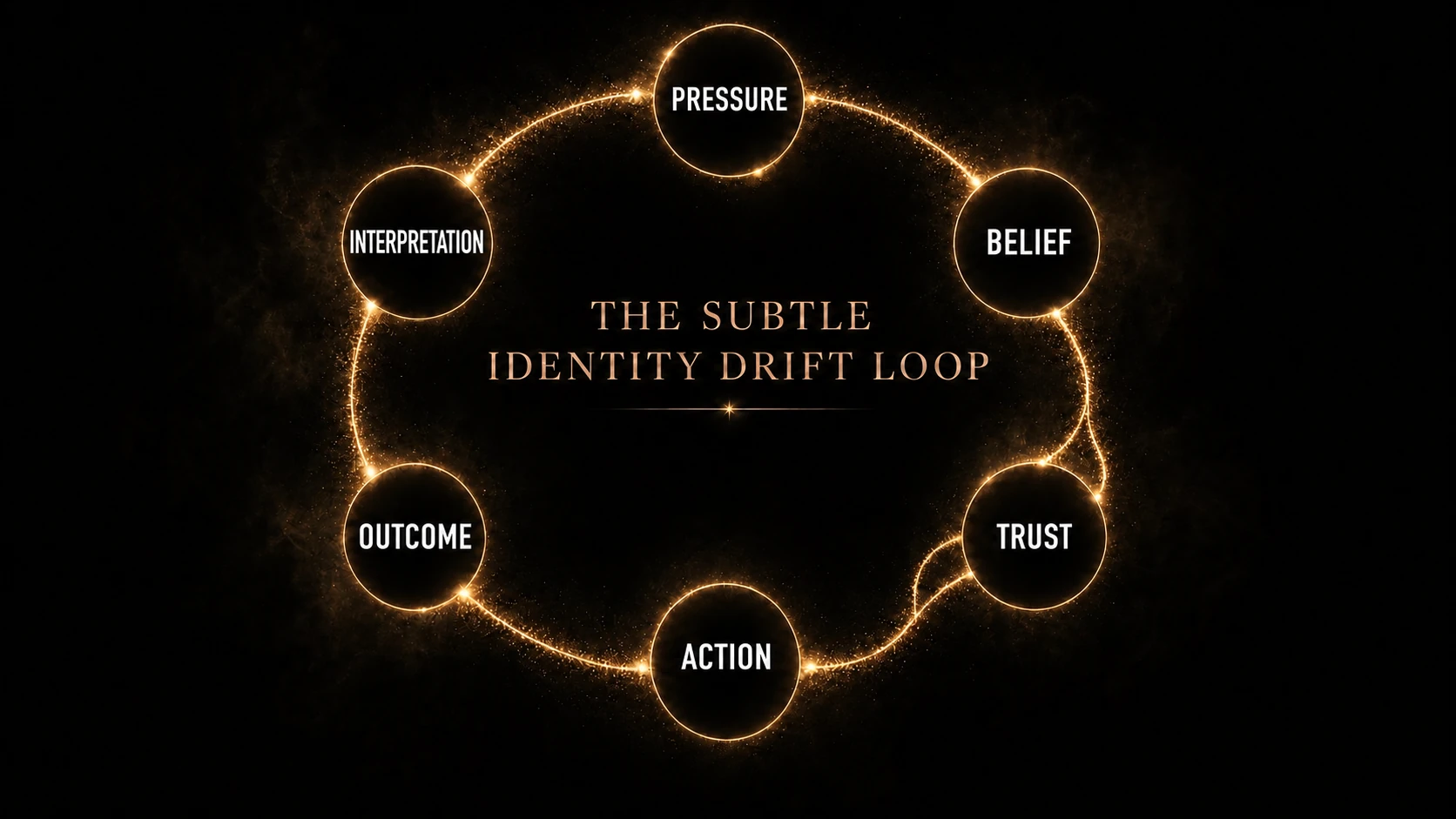 The Subtle Identity Drift loop: Pressure → Belief → Trust → Action → Outcome → Interpretation → Pressure.