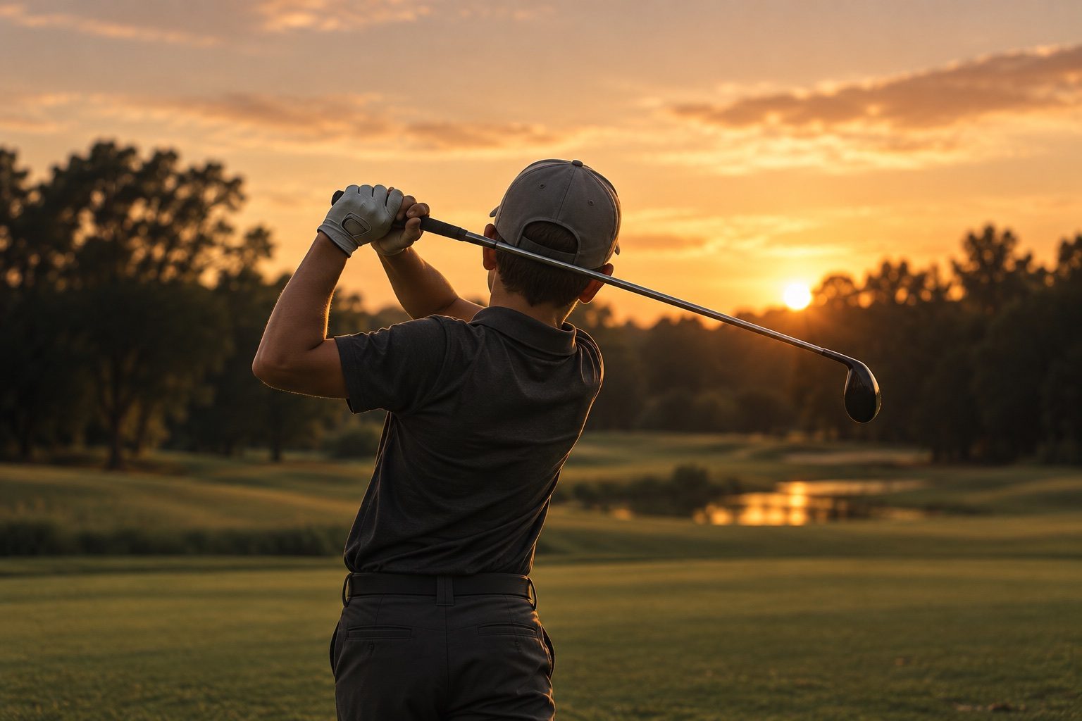 Junior golfer watching his shot at sunset