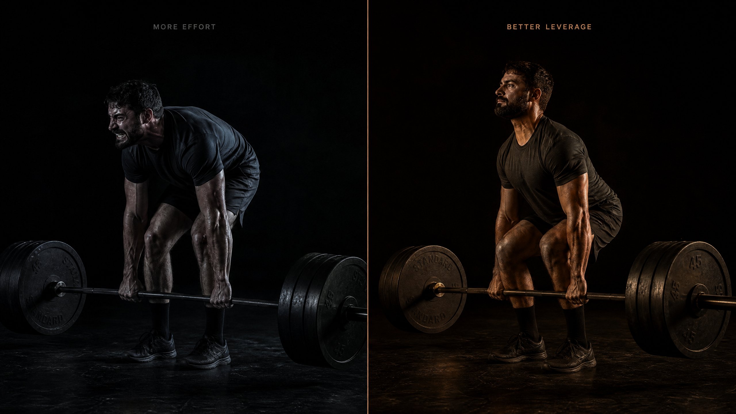 Split comparison: More Effort (poor mechanics, grinding, compensating) versus Better Leverage (organized position, force moving efficiently through the body)