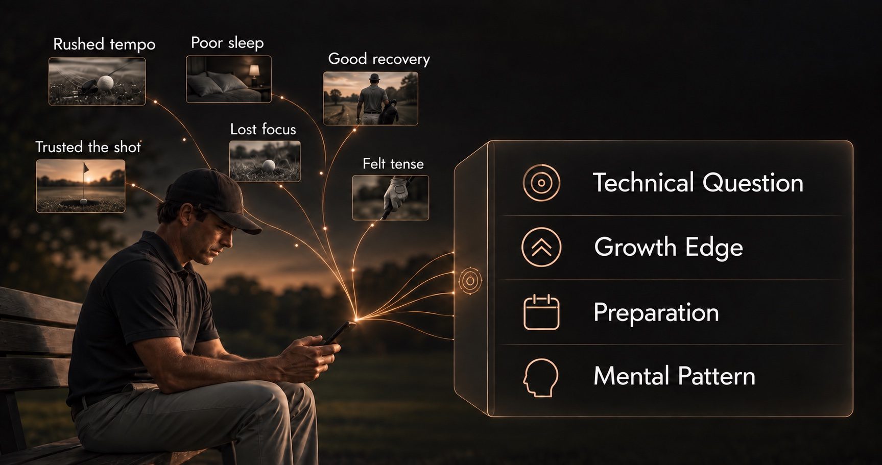 A golfer reflects on six experiences from his round: rushed tempo, poor sleep, good recovery, trusted the shot, lost focus, and felt tense. Eric's review organizes them into Technical Question, Growth Edge, Preparation, and Mental Pattern.
