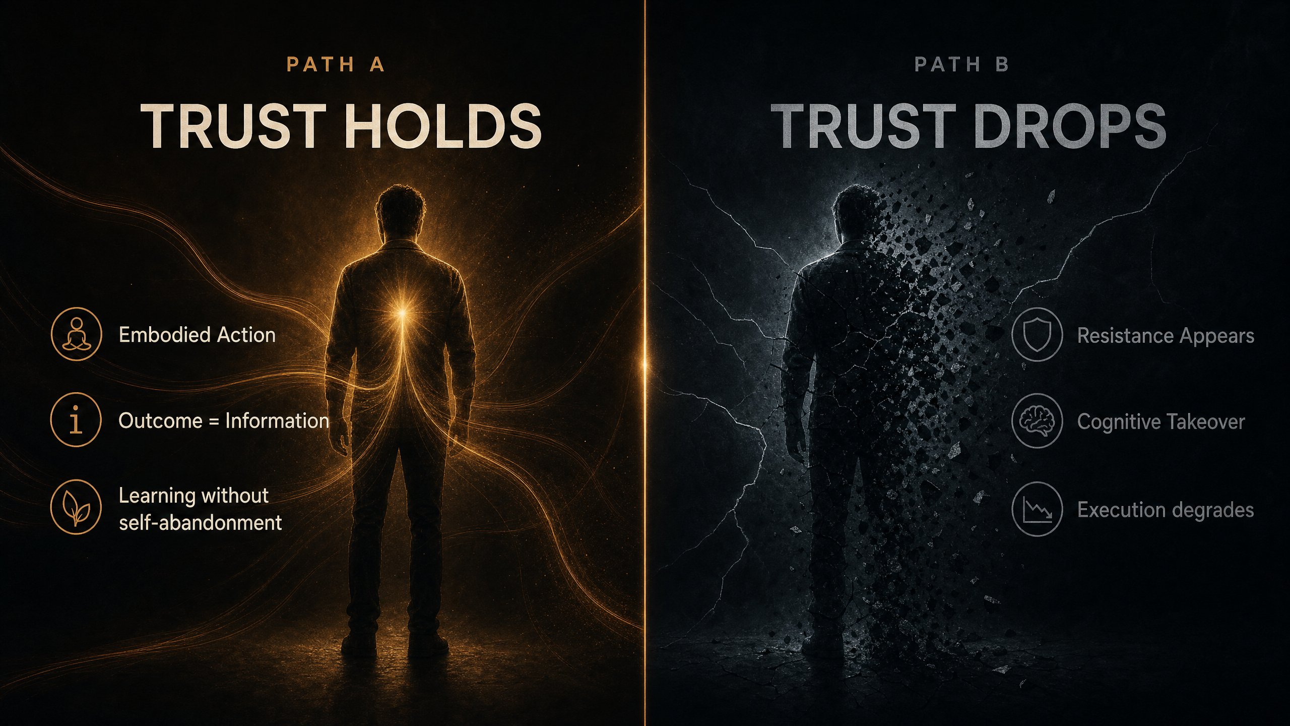 Split visual showing Path A (Trust Holds) with an integrated figure in warm copper light versus Path B (Trust Drops) with a fragmenting figure in cool gray tones
