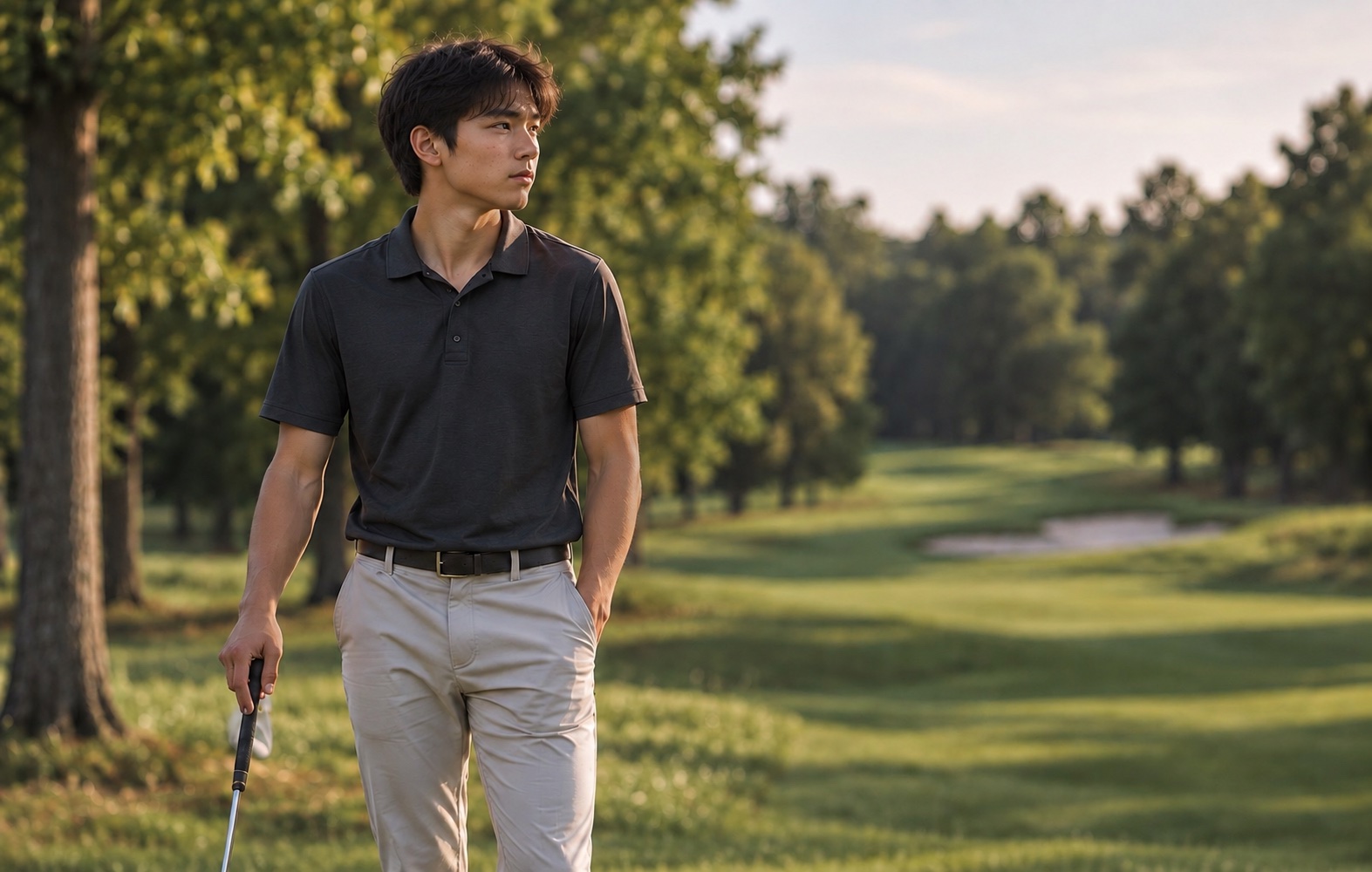 Illustrative scene of a young golfer pausing thoughtfully between shots on a tree-lined course