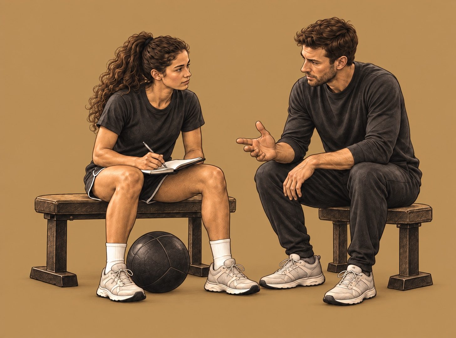 Illustration of a young athlete with a notebook and medicine ball talking with a coach during a training session