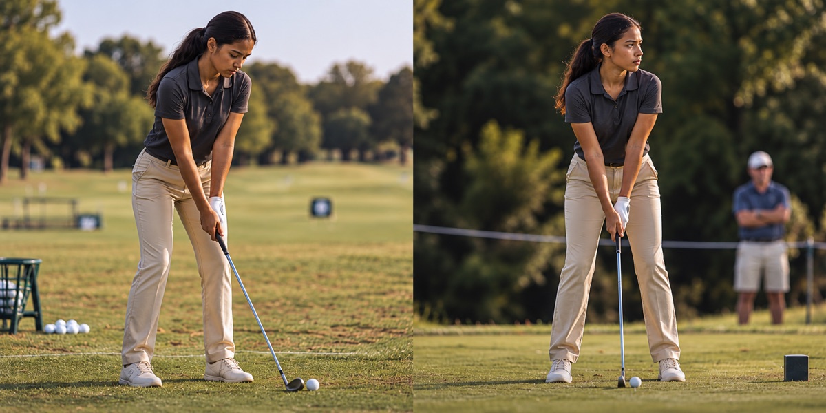 A junior golfer preparing a shot in practice, then preparing a shot in competition with a spectator watching.