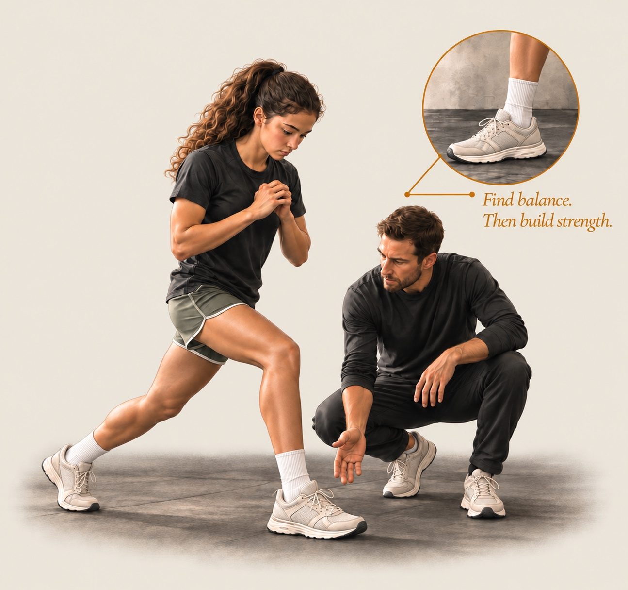 Illustration of a female athlete practicing a split stance while a coach observes her foot position. A close-up highlights her stable base: Find balance. Then build strength.