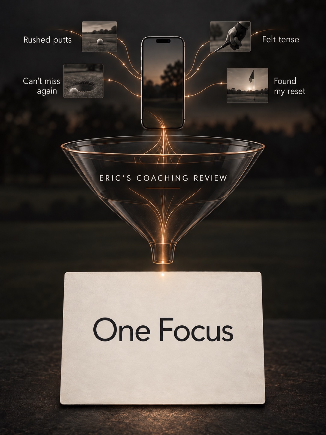 Round reflections enter a phone, pass through Eric’s coaching review, and lead to a card labeled One Focus.