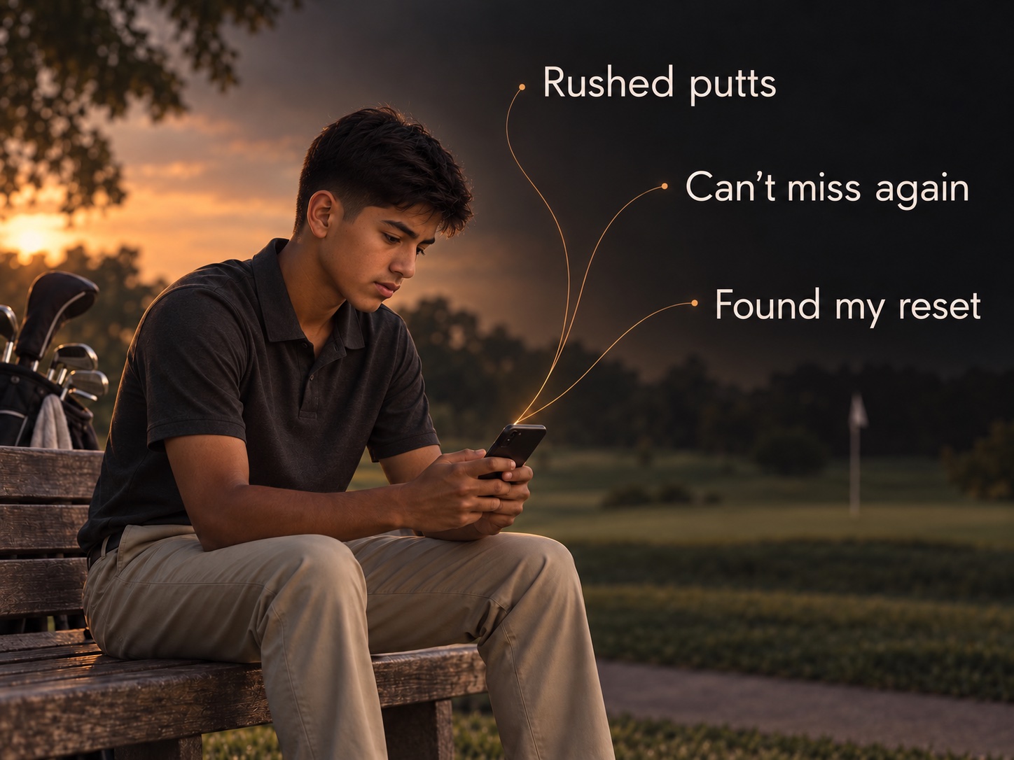 Illustrative scene of a teenage golfer recording a round on a phone. Three thoughts converge toward it: Rushed putts; Can’t miss again; Found my reset.