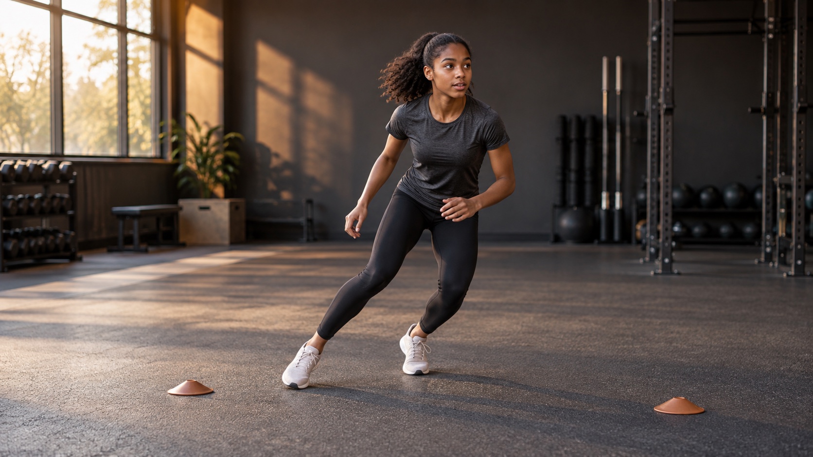 A young athlete practicing reactive footwork and a change of direction in a training studio